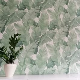 Papier peint motif botanique art déco blanc et vert