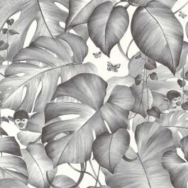 Papier peint motif jungle singe gris et blanc