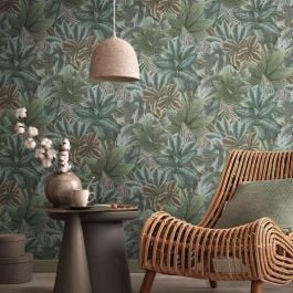 Papier peint motif feuilles tropicales vert sauge et gris bleuté