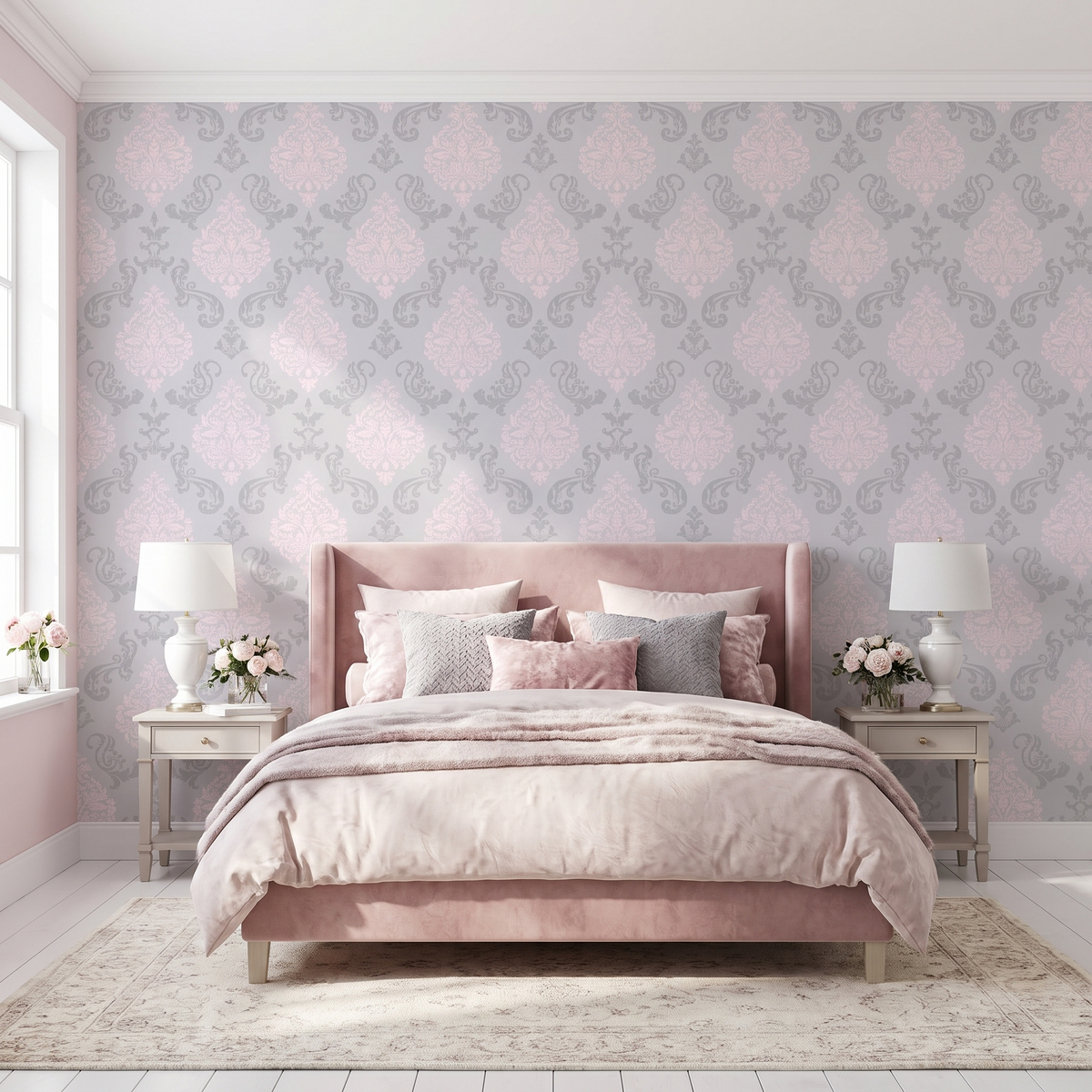 Papier peint motif floral romantique rose et gris