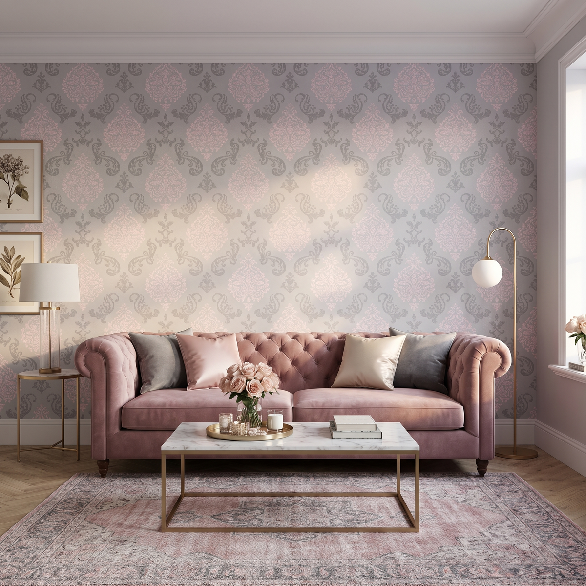 Papier peint motif floral romantique rose et gris