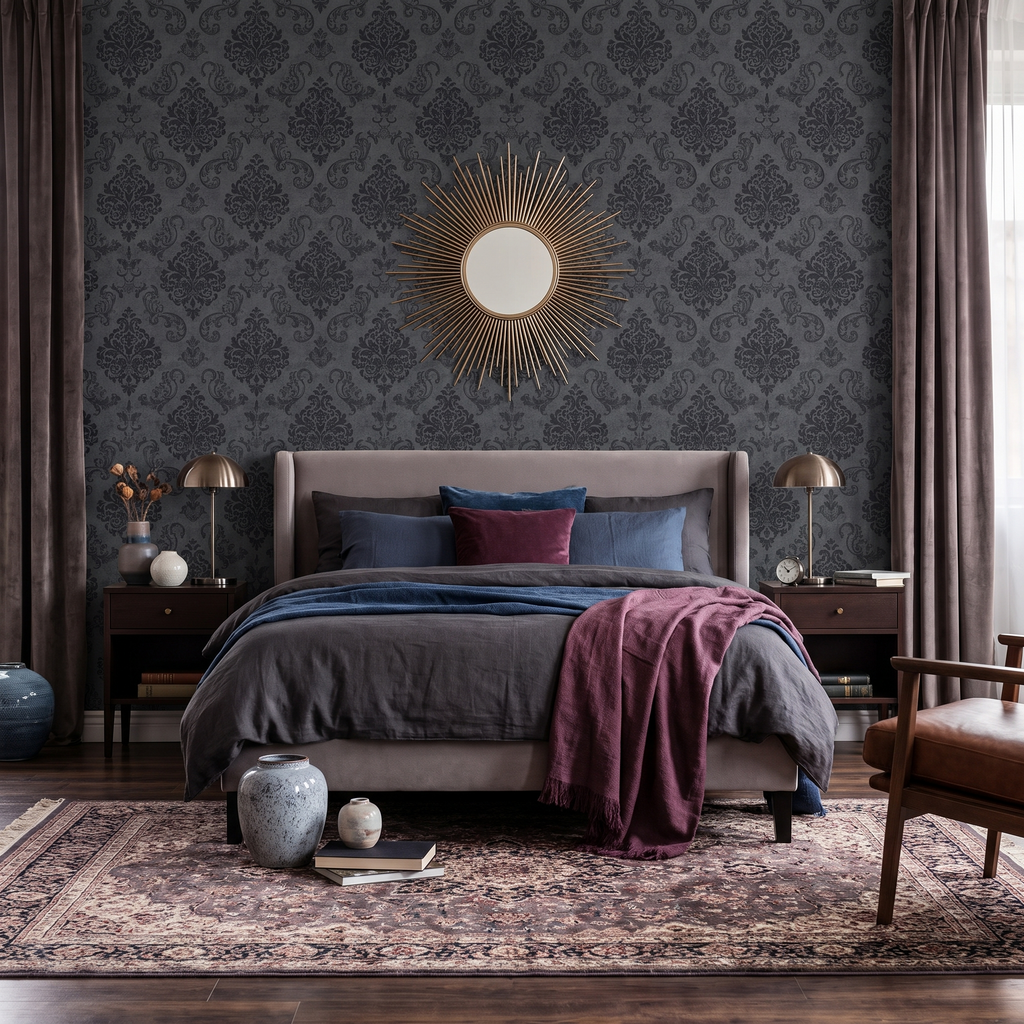Papier peint motif champêtre gris et noir