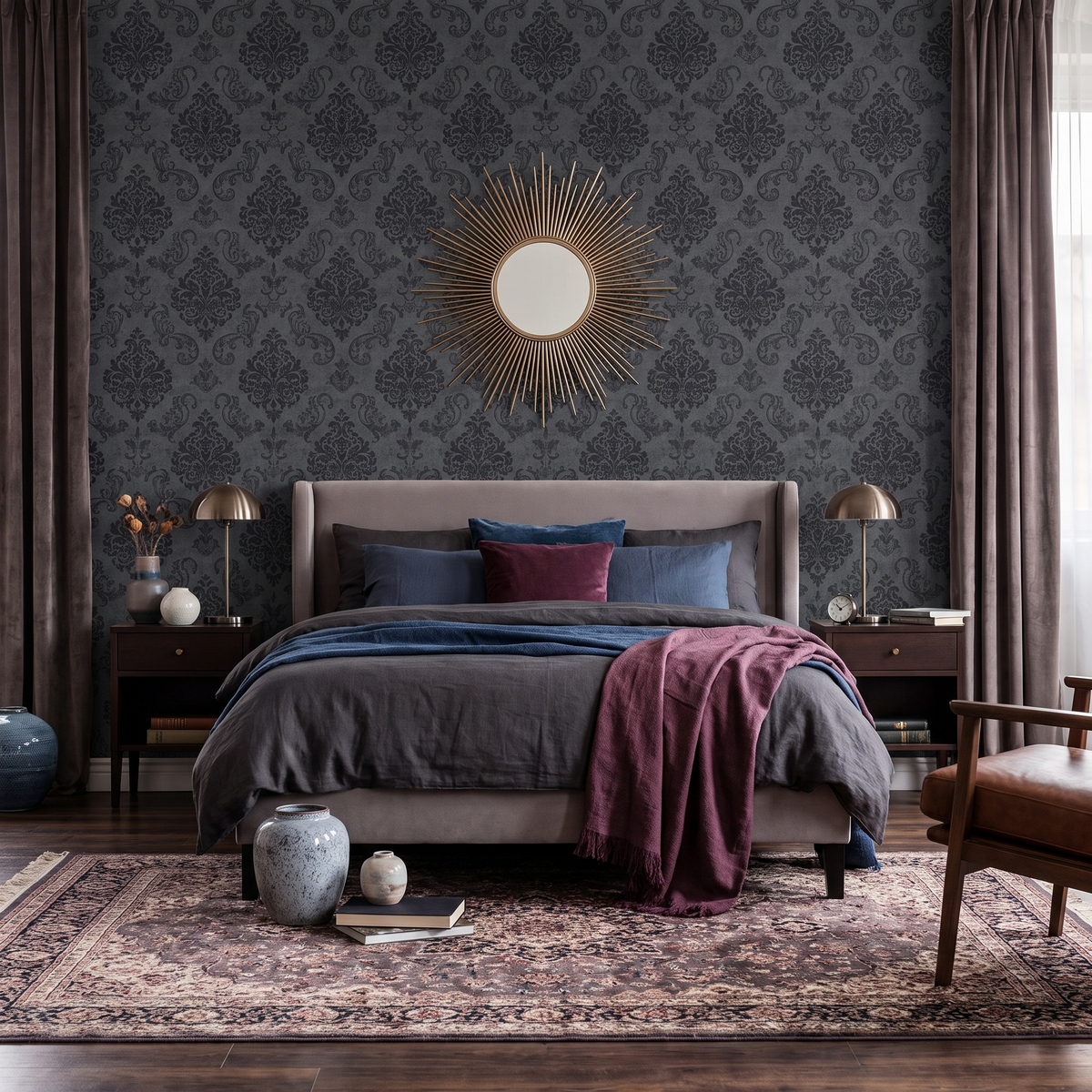 Papier peint motif champêtre gris et noir