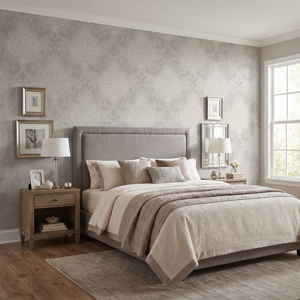 Papier peint motif champêtre beige et gris