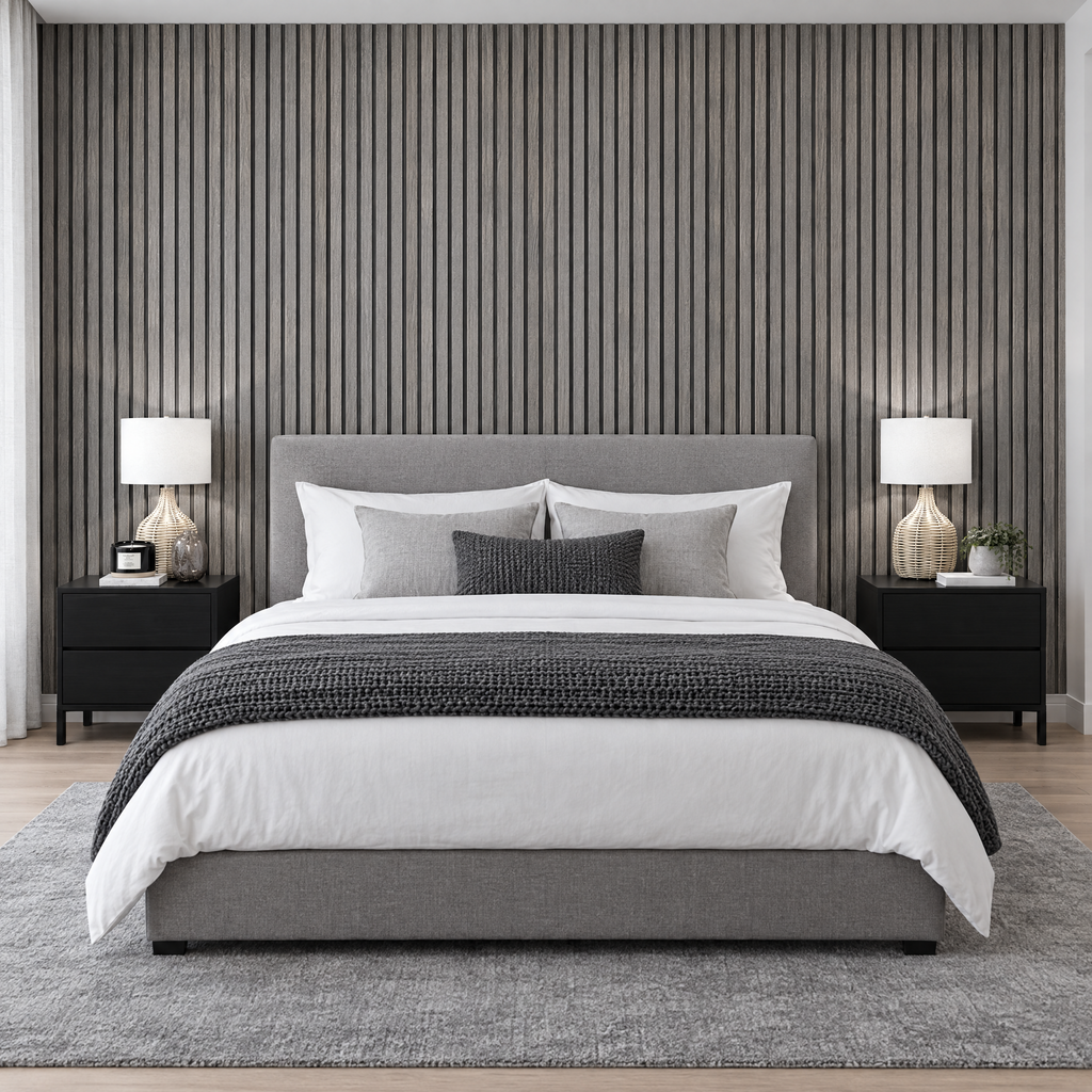 Papier peint 3D effet bois gris en tête de lit dans une chambre