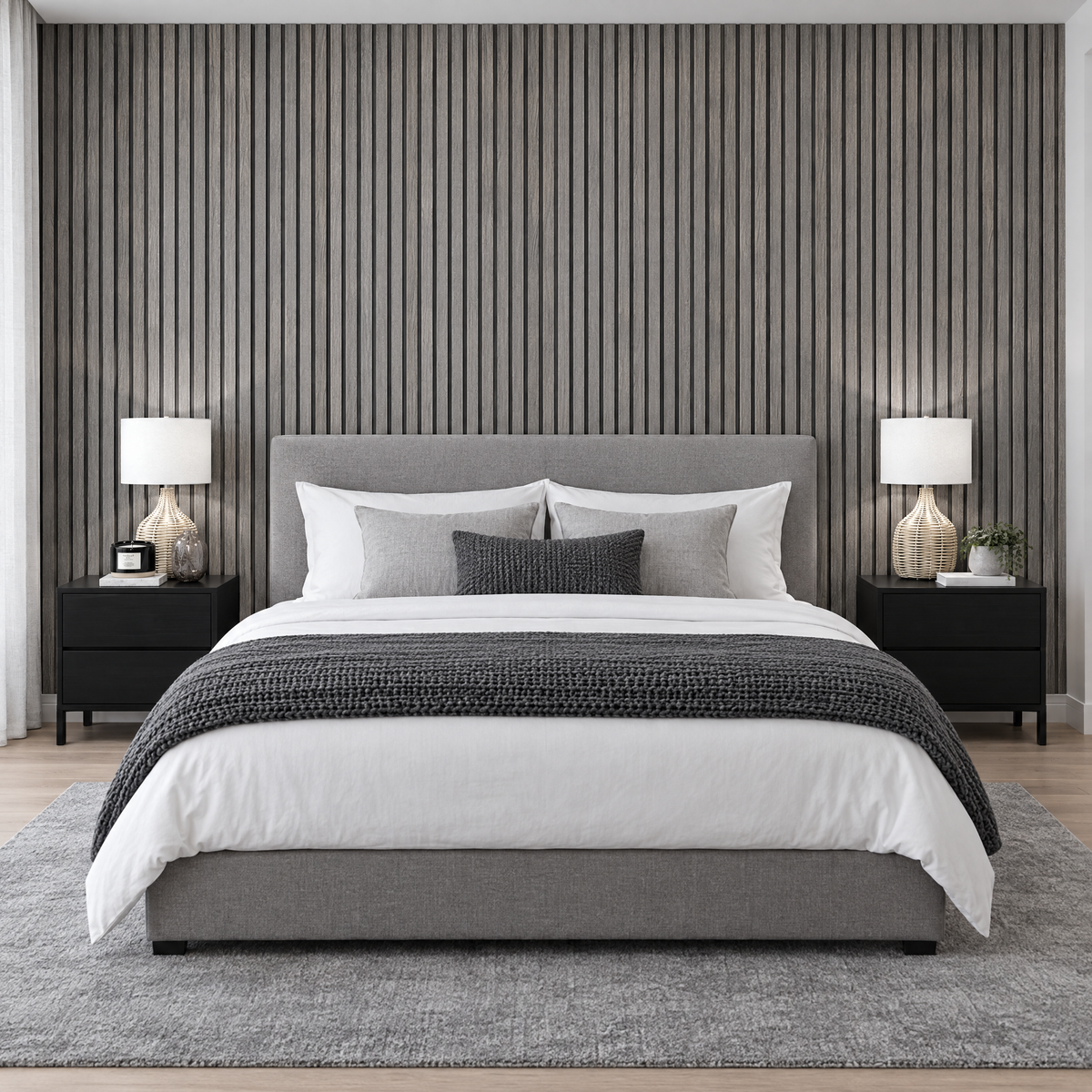 Papier peint 3D effet bois gris en tête de lit dans une chambre