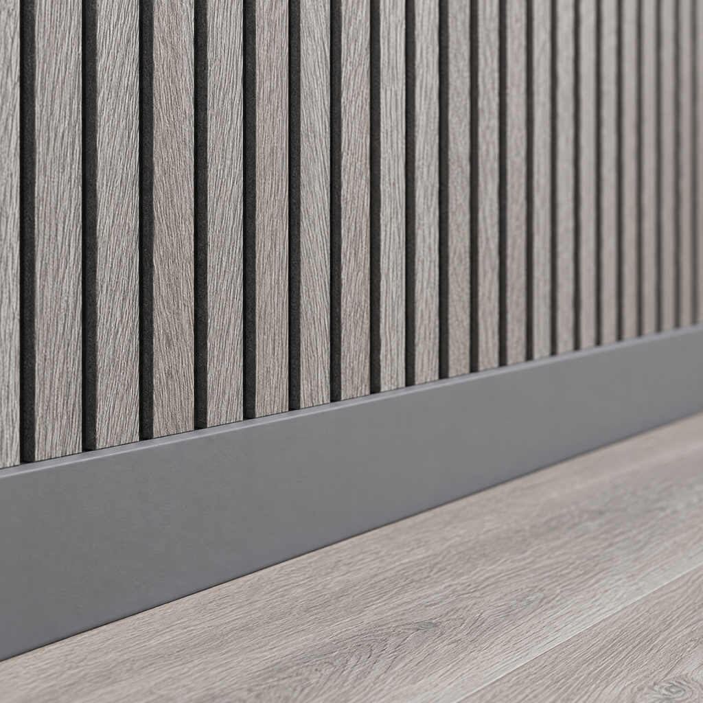 Papier peint 3D effet bois gris, détail de la plinthe