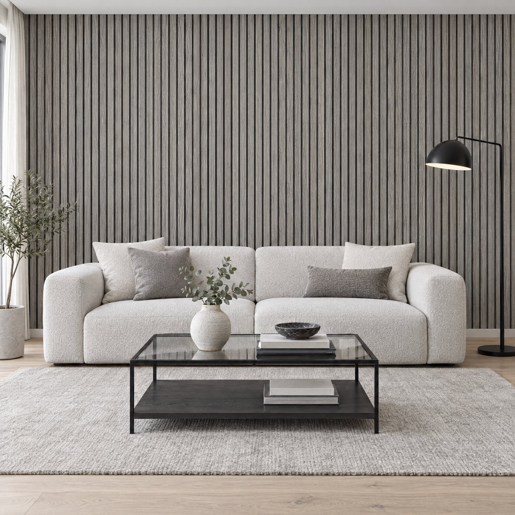 Papier peint 3D effet bois gris dans un salon moderne