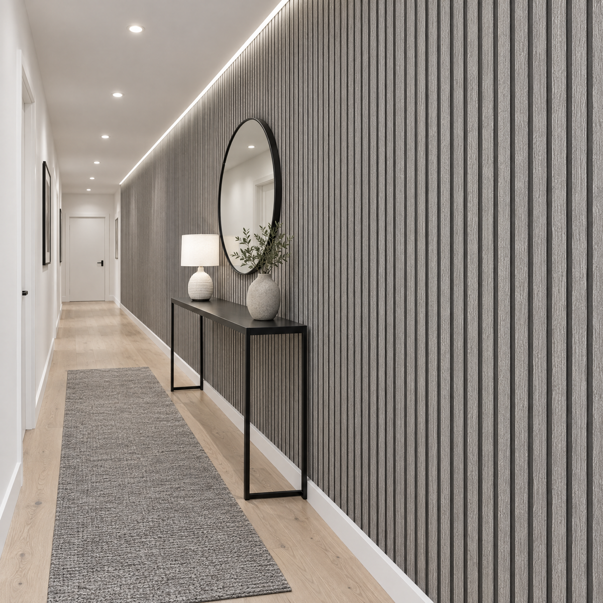 Papier peint 3D effet bois gris dans un couloir