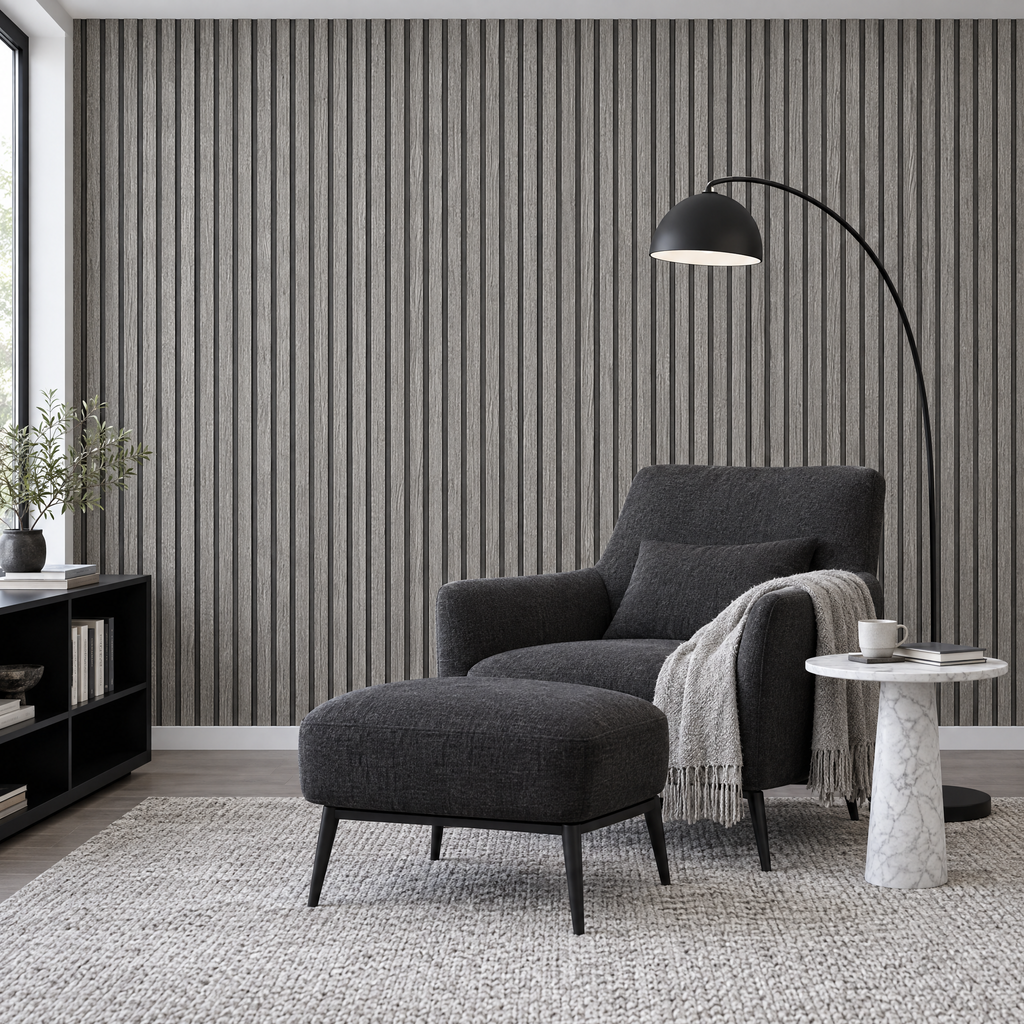 Papier peint 3D effet bois gris dans une salle de lecture