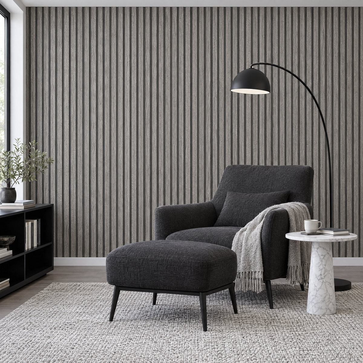 Papier peint 3D effet bois gris dans une salle de lecture