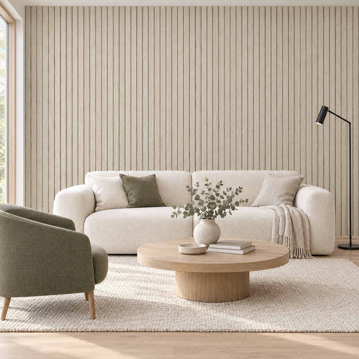 Papier peint 3D effet bois beige dans un salon lumineux