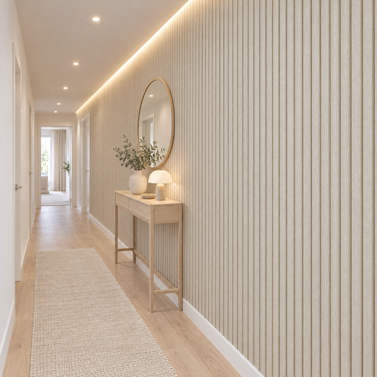 Papier peint 3D effet bois beige dans un couloir