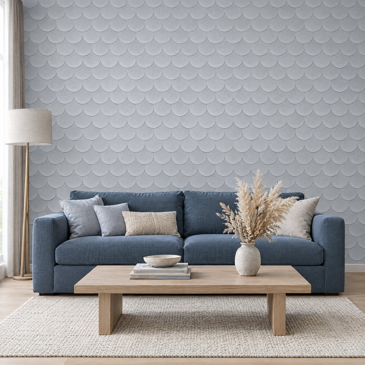 Papier peint uni moderne gris à motif écailles dans un salon
