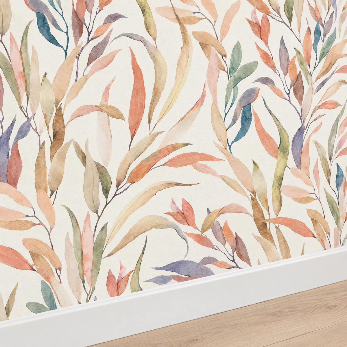 Papier peint motif graphique blanc, detail avec plinthe
