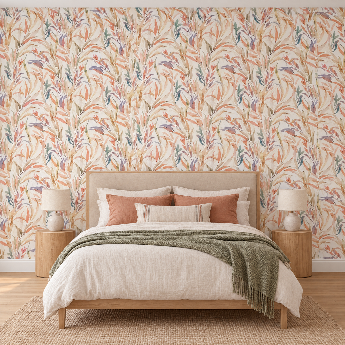 Papier peint motif graphique blanc en tete de lit dans une chambre