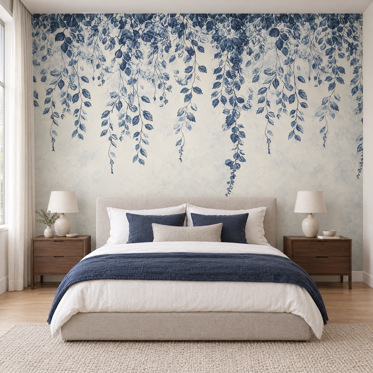 Papier peint motif botanique bleu et beige en tete de lit dans une chambre