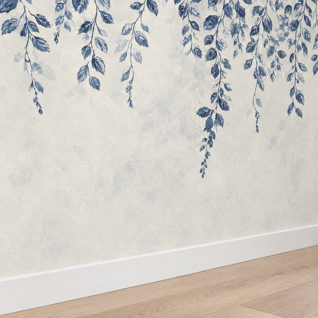 Papier peint motif botanique bleu et beige, detail avec plinthe