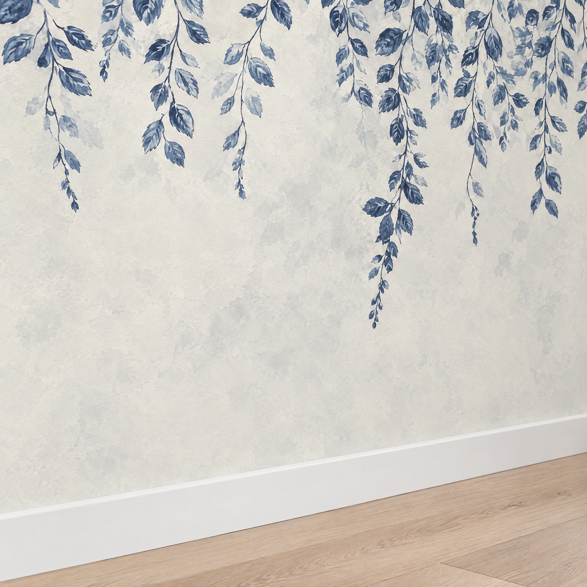 Papier peint motif botanique bleu et beige, detail avec plinthe
