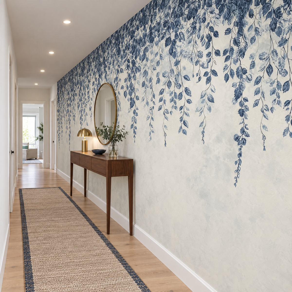 Papier peint motif botanique bleu et beige dans un couloir