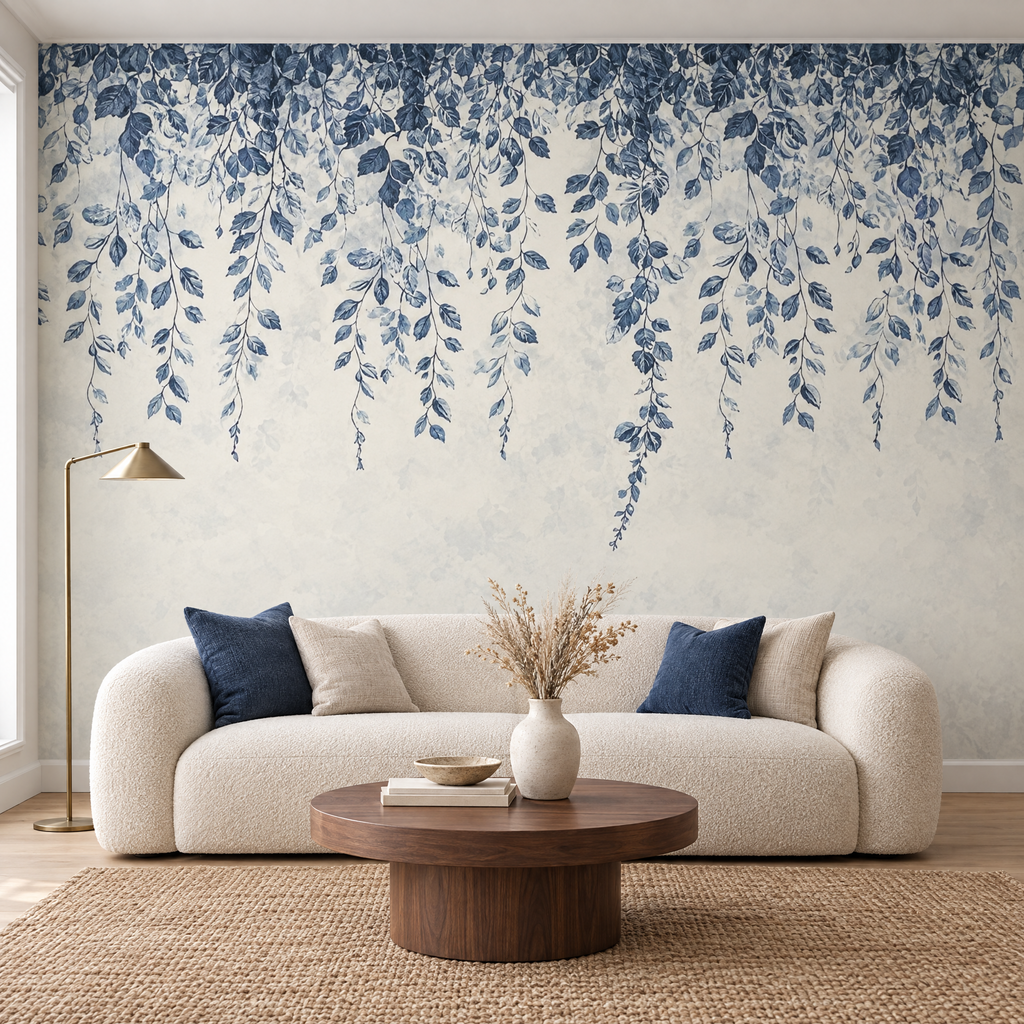 Papier peint motif botanique bleu et beige dans un salon moderne