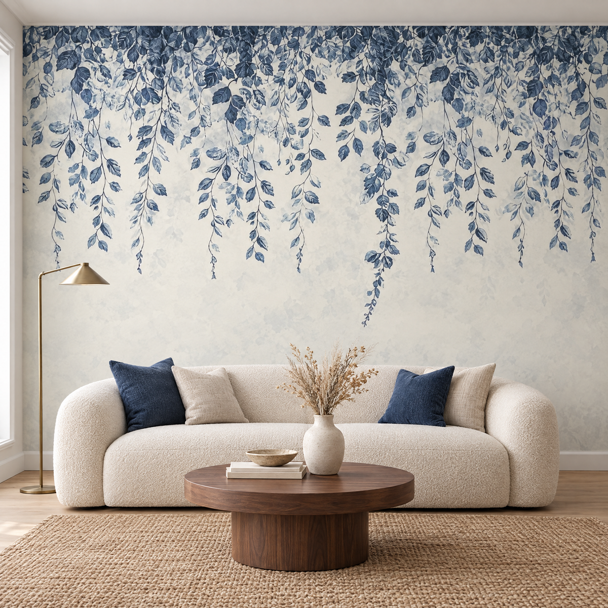 Papier peint motif botanique bleu et beige dans un salon moderne