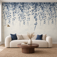 Papier peint motif botanique bleu et beige dans un salon moderne