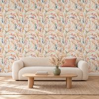 Papier peint feuillage aquarelle fond crème dans un salon moderne
