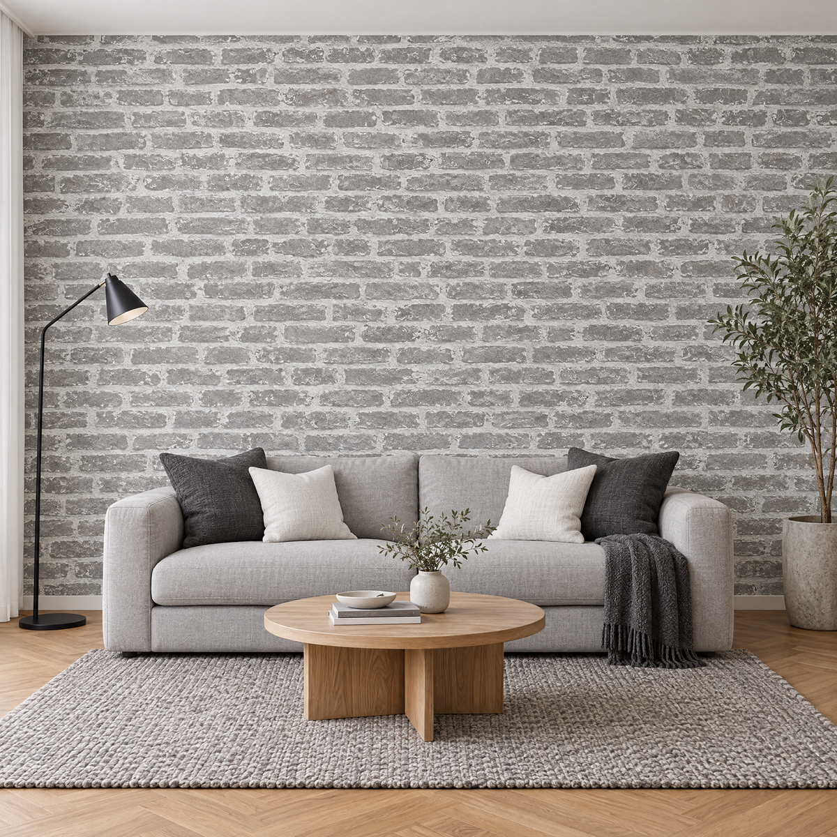 Papier peint effet béton gris dans un salon moderne