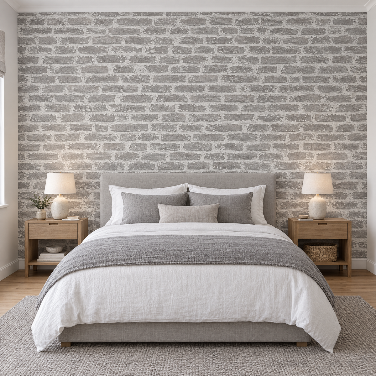 Papier peint effet béton gris en tête de lit dans une chambre