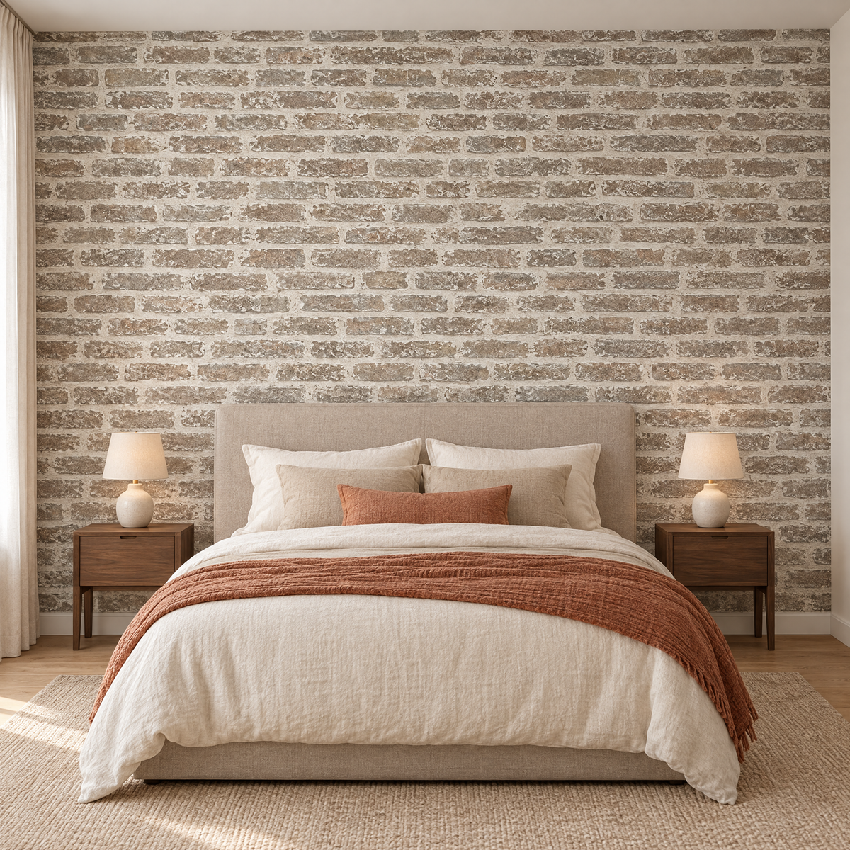 Papier peint effet béton beige et gris en tête de lit dans une chambre