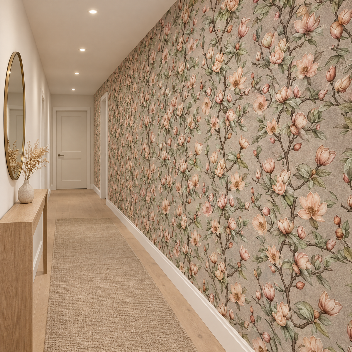 Papier peint floral magnolias dans un couloir