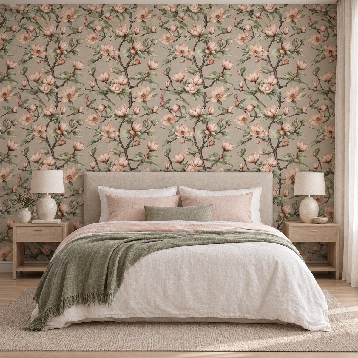 Papier peint floral magnolias en tête de lit dans une chambre