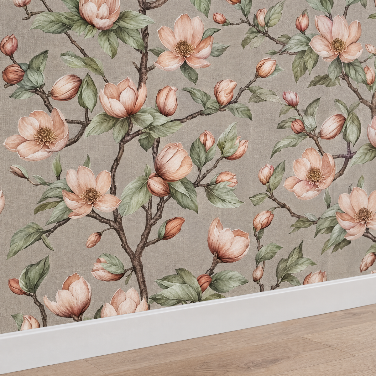 Papier peint floral magnolias avec plinthe, vue de détail