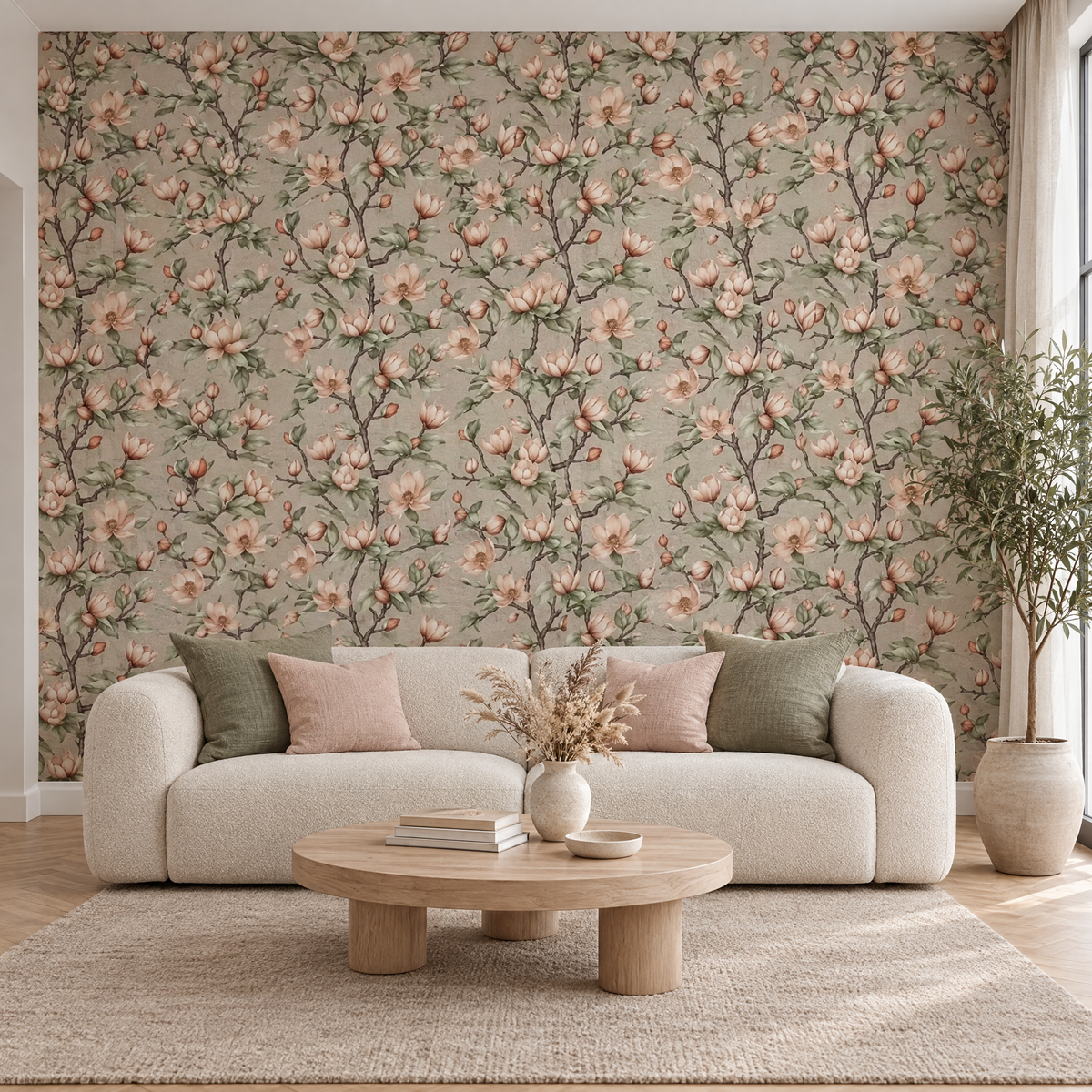 Papier peint floral magnolias sur fond taupe dans un salon
