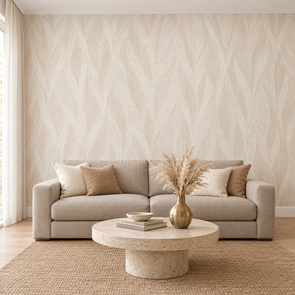 Papier peint feuilles stylisées ivoire beige dans un salon moderne