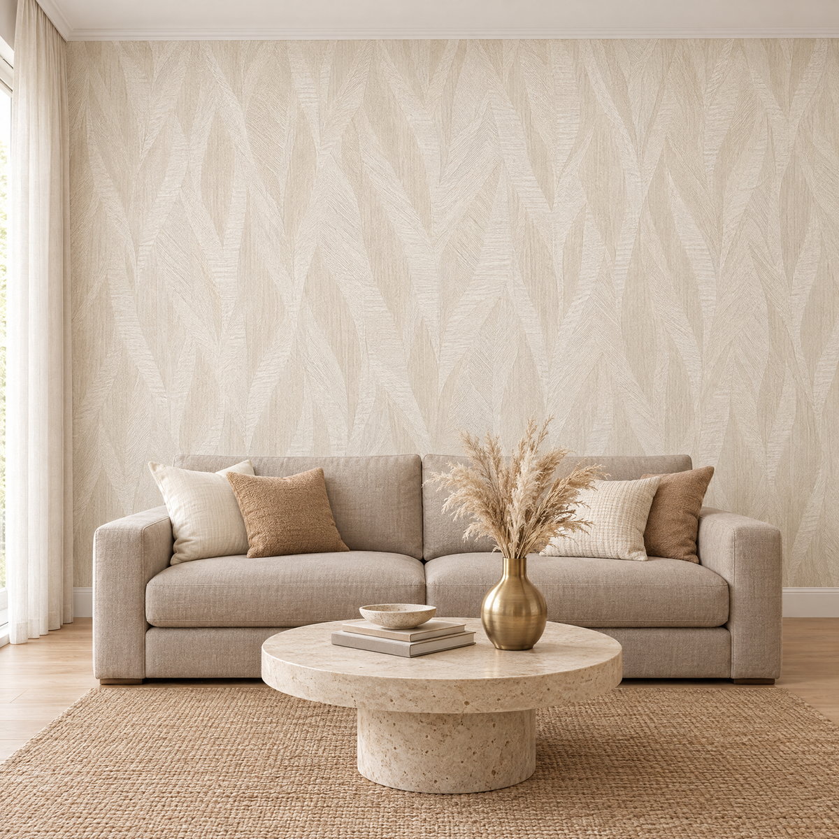 Papier peint feuilles stylisées ivoire beige dans un salon moderne