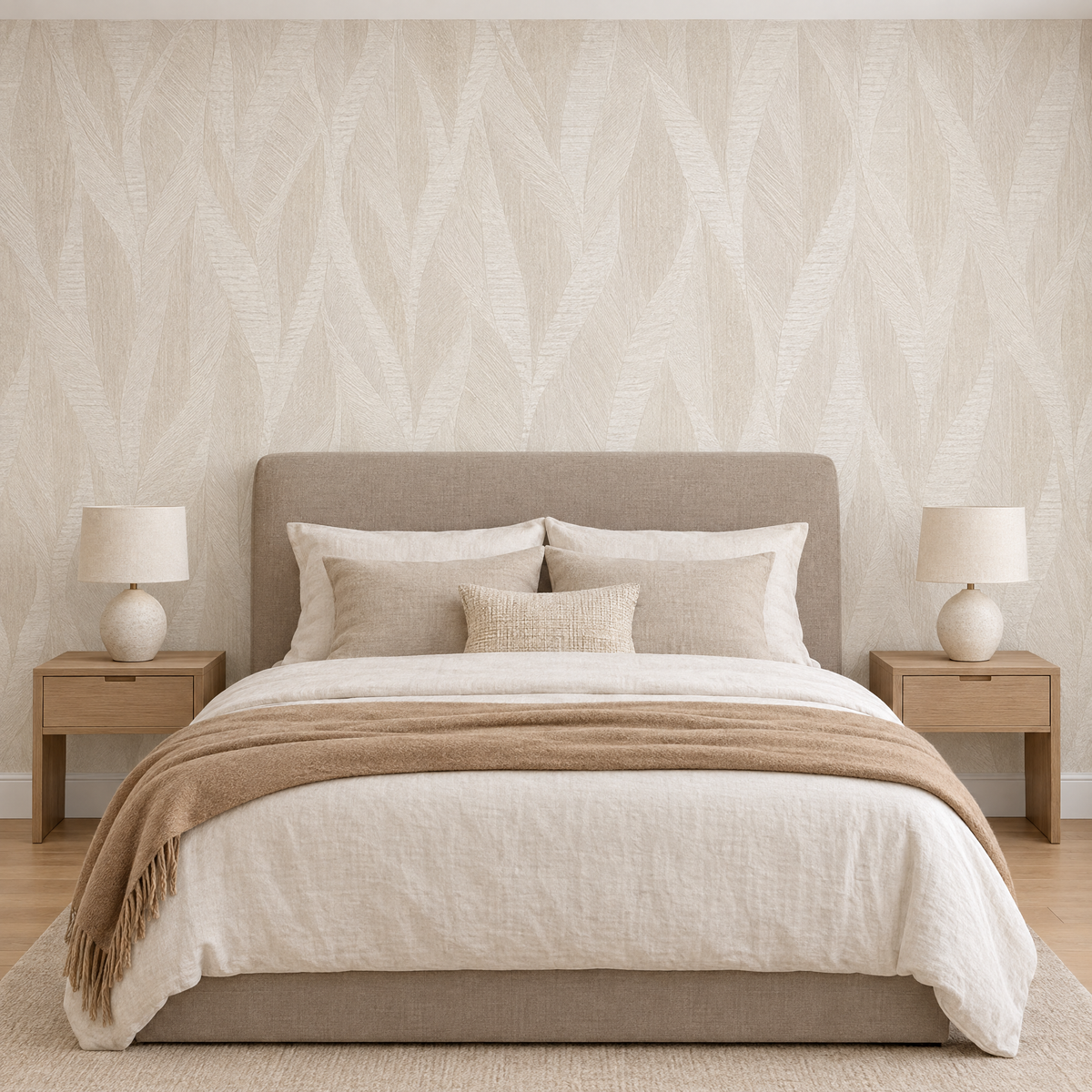 Papier peint motif africain beige en tete de lit dans une chambre