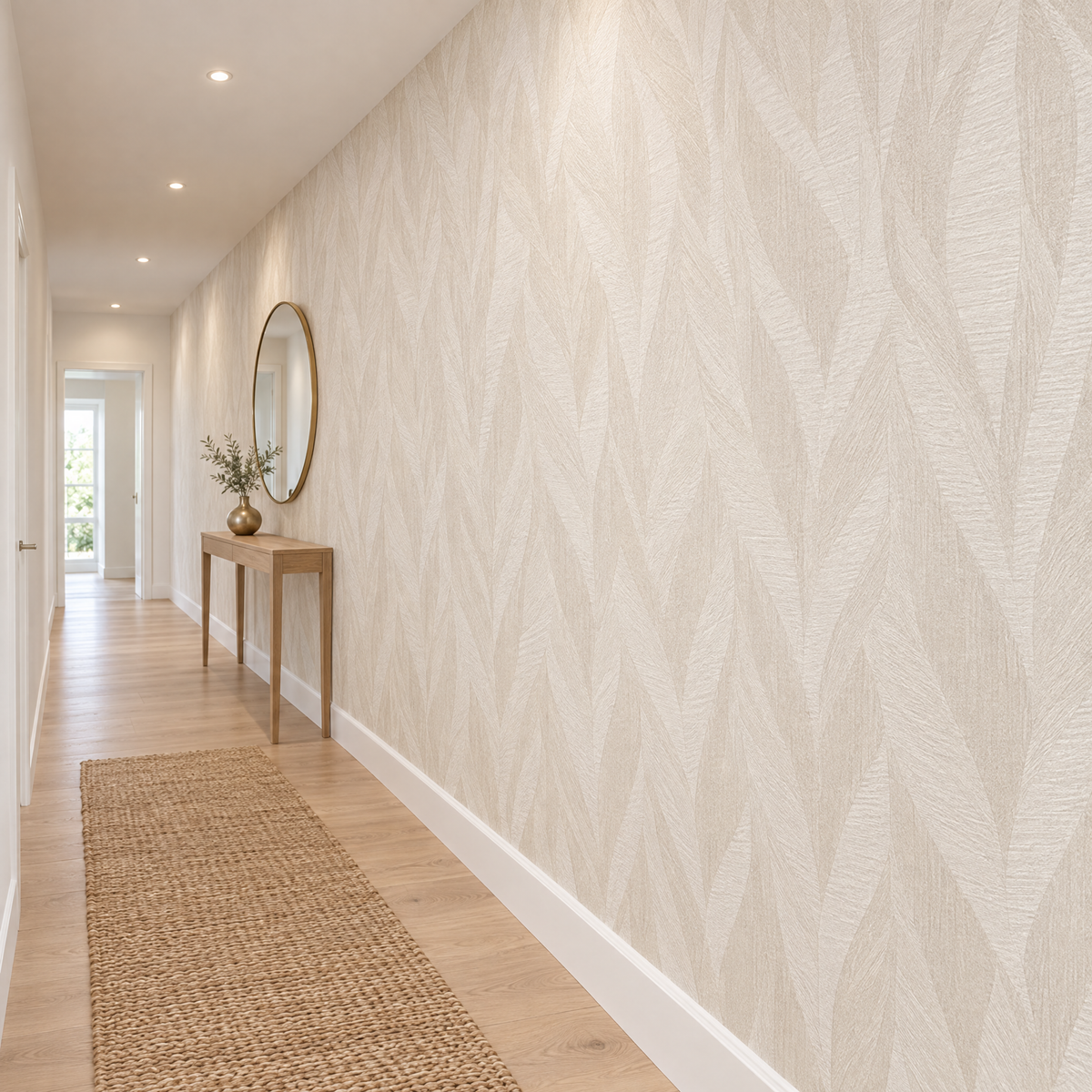 Papier peint feuilles stylisées ivoire beige dans un couloir