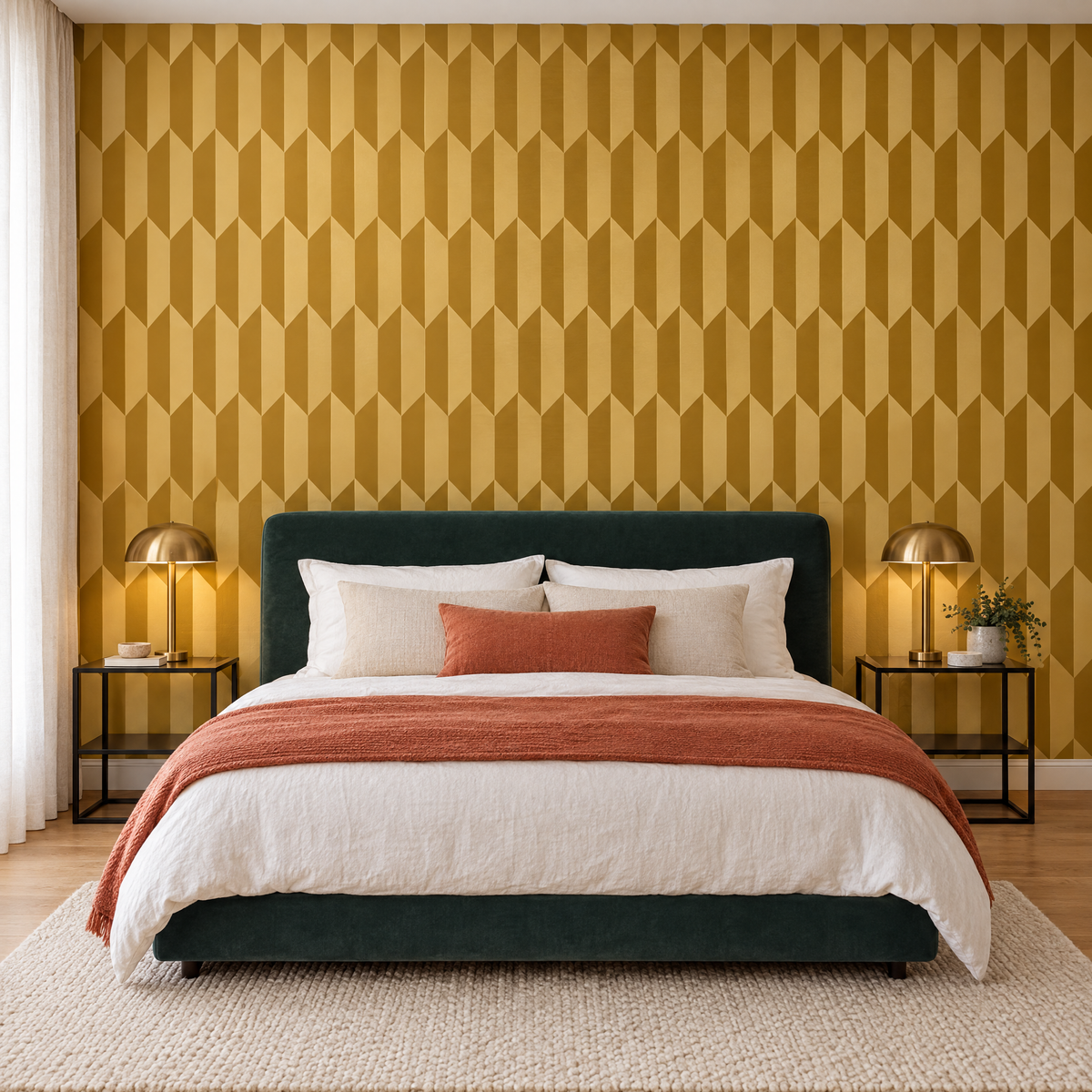 Papier peint motif geometrique jaune et or en tete de lit dans une chambre