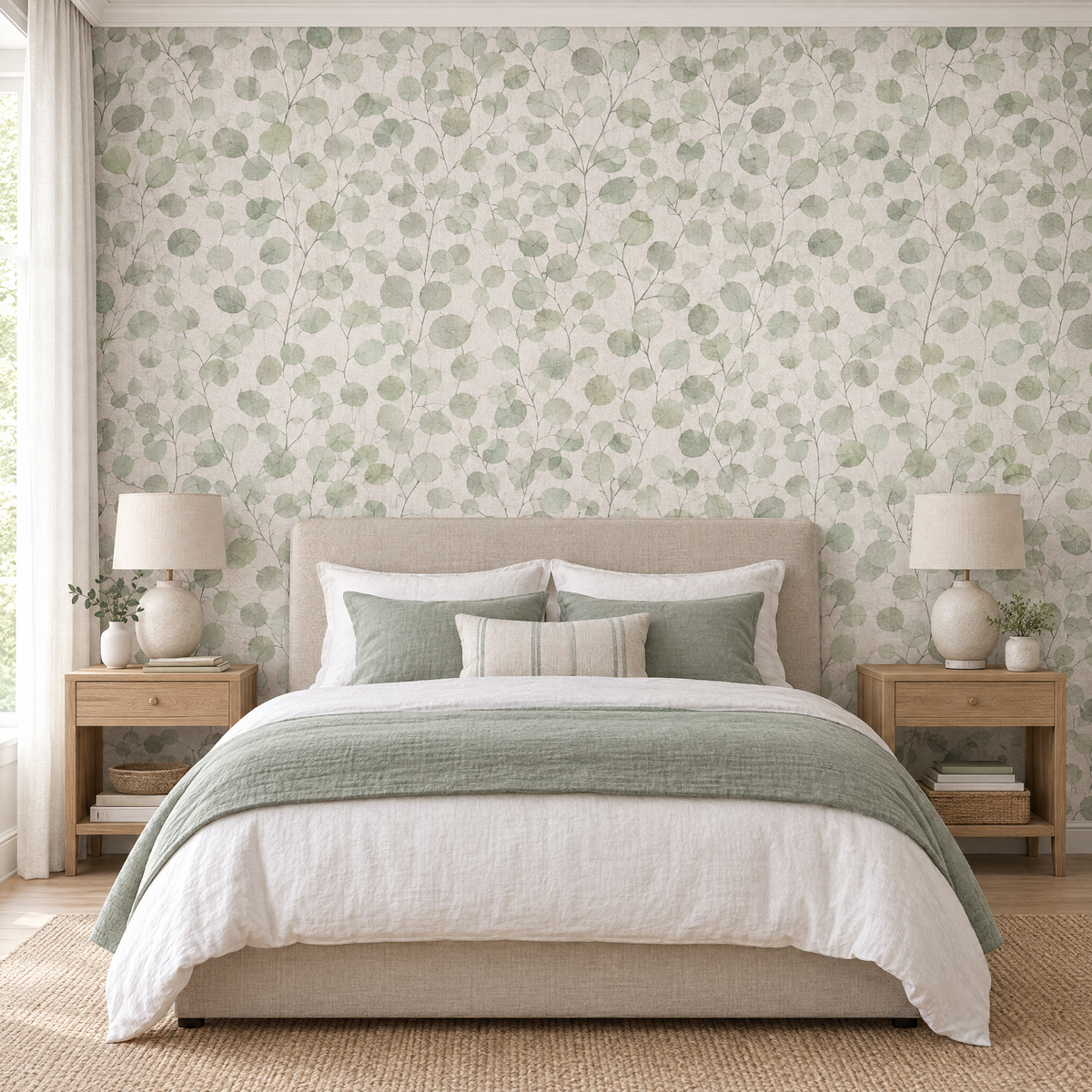 Papier peint floral vert en tête de lit dans une chambre
