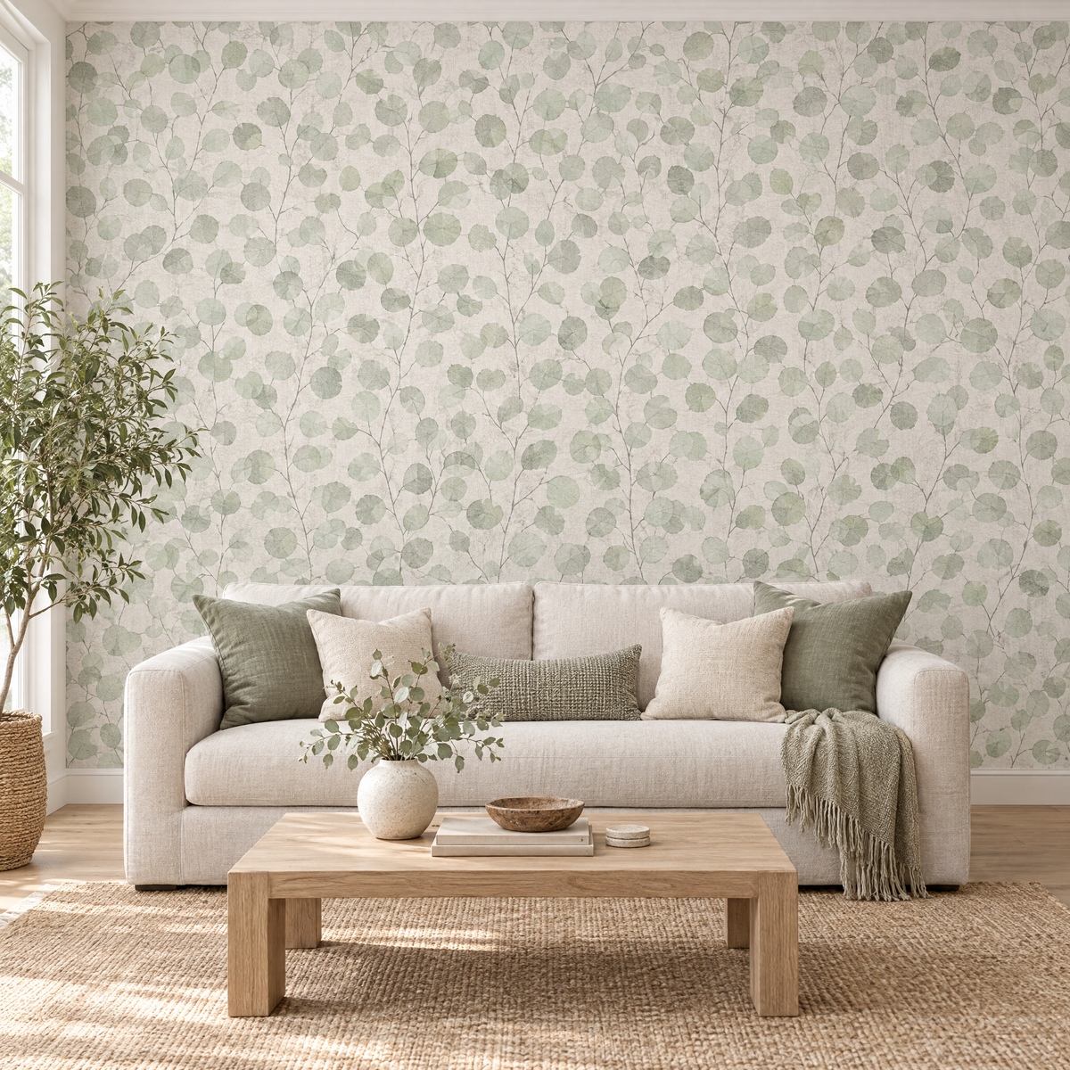 Papier peint motif floral vert eucalyptus dans un salon moderne