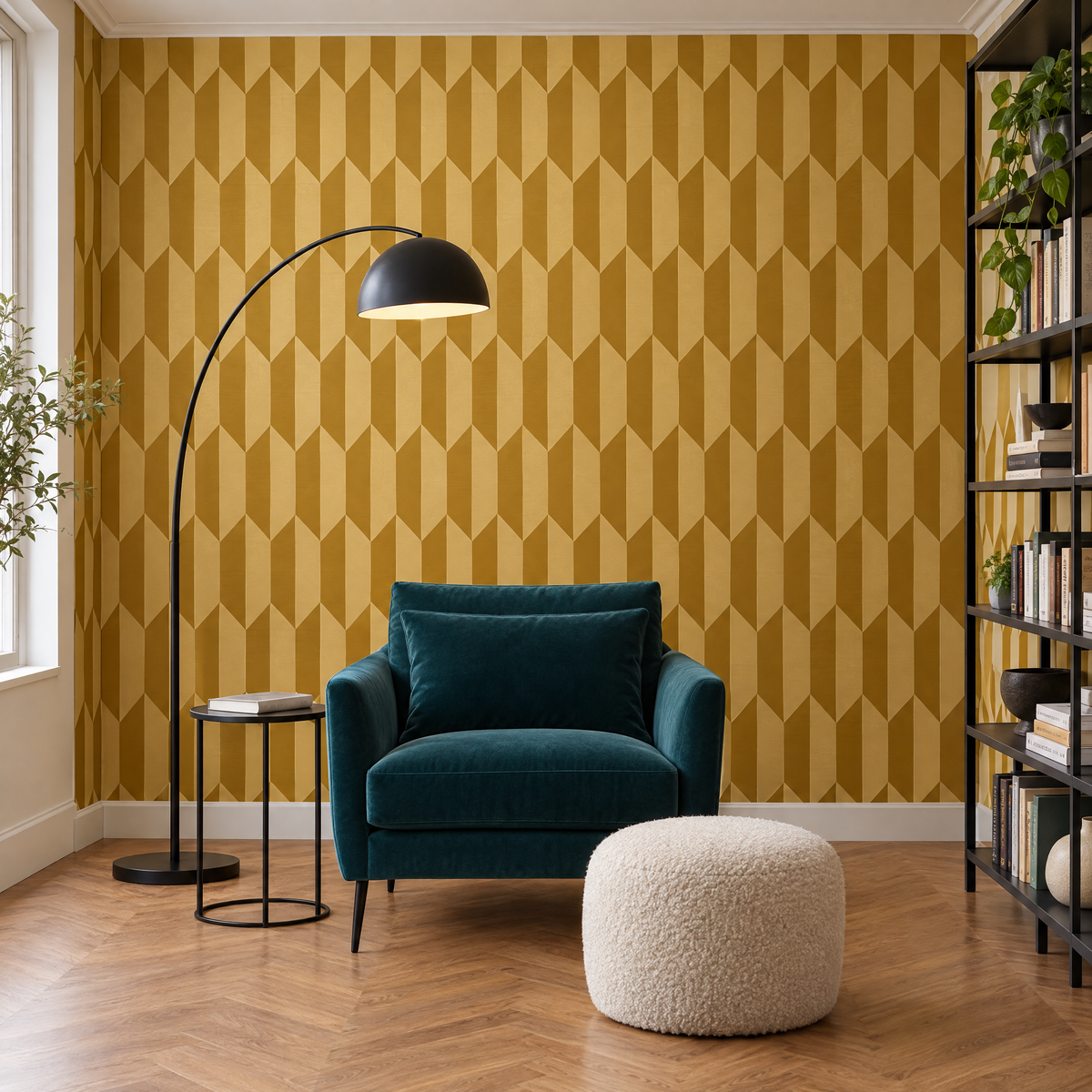 Papier peint motif geometrique jaune et or dans un coin lecture