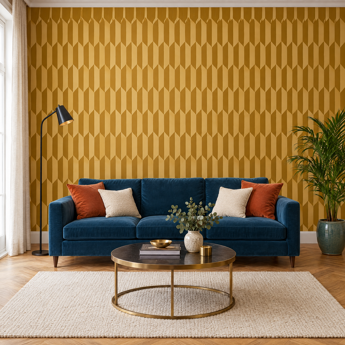 Papier peint motif geometrique jaune et or dans un salon moderne