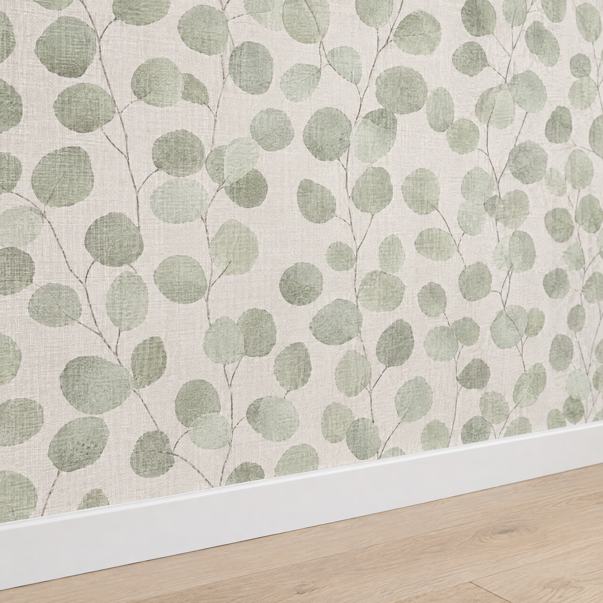Gros plan papier peint floral vert avec plinthe blanche
