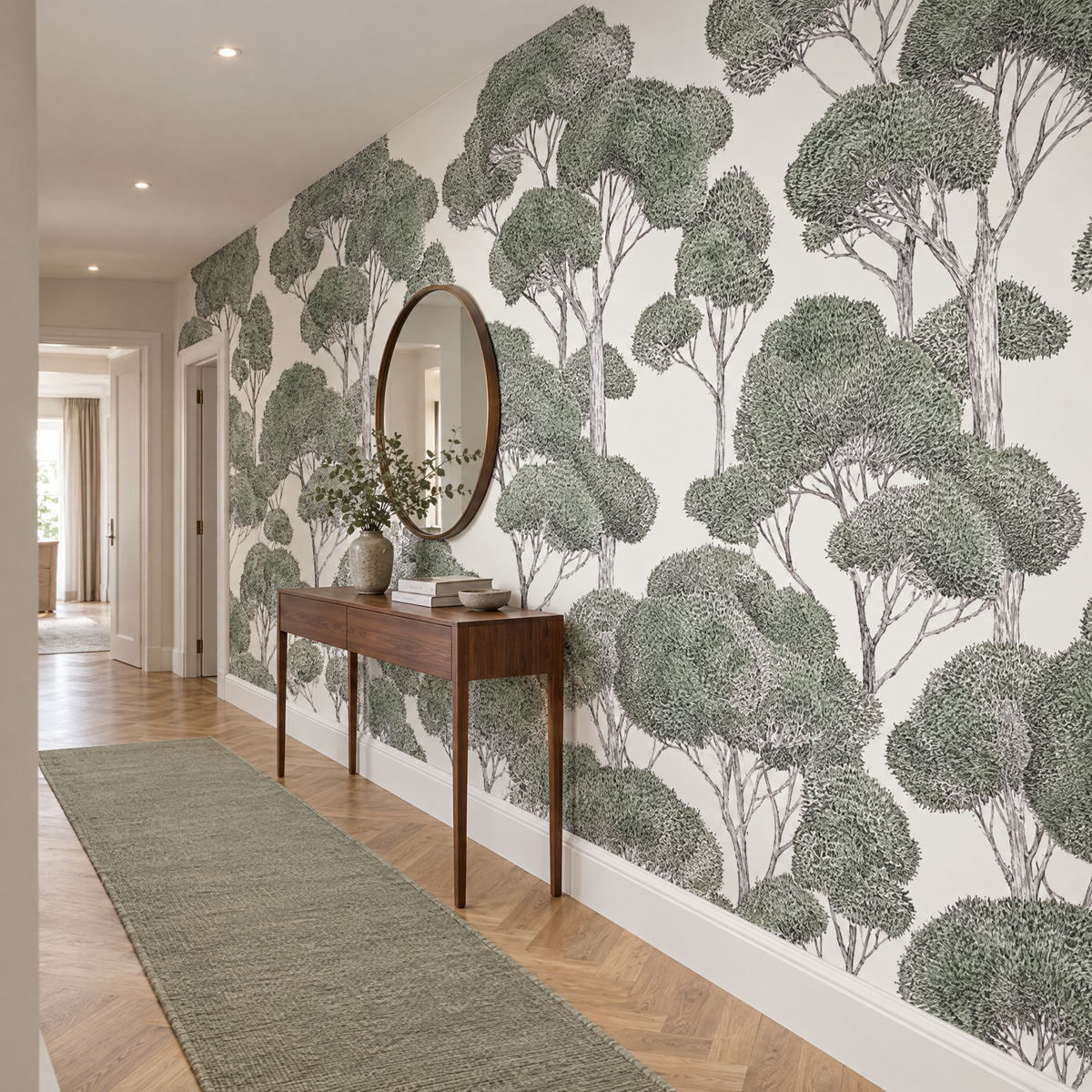 Papier peint forêt verte dans un couloir