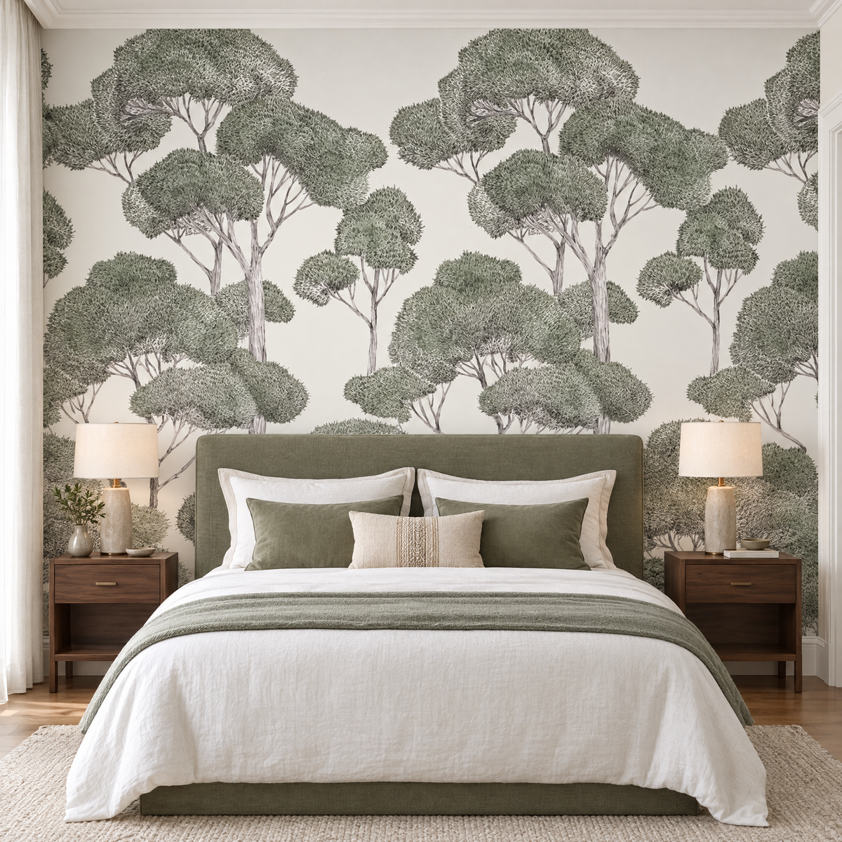 Papier peint forêt verte en tête de lit dans une chambre