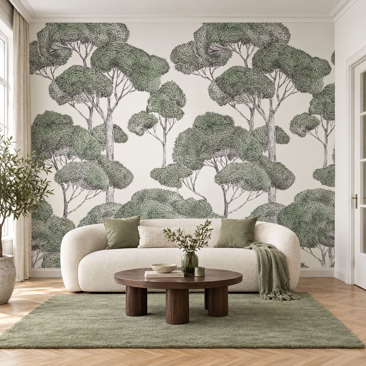 Papier peint motif forêt vert et noir dans un salon
