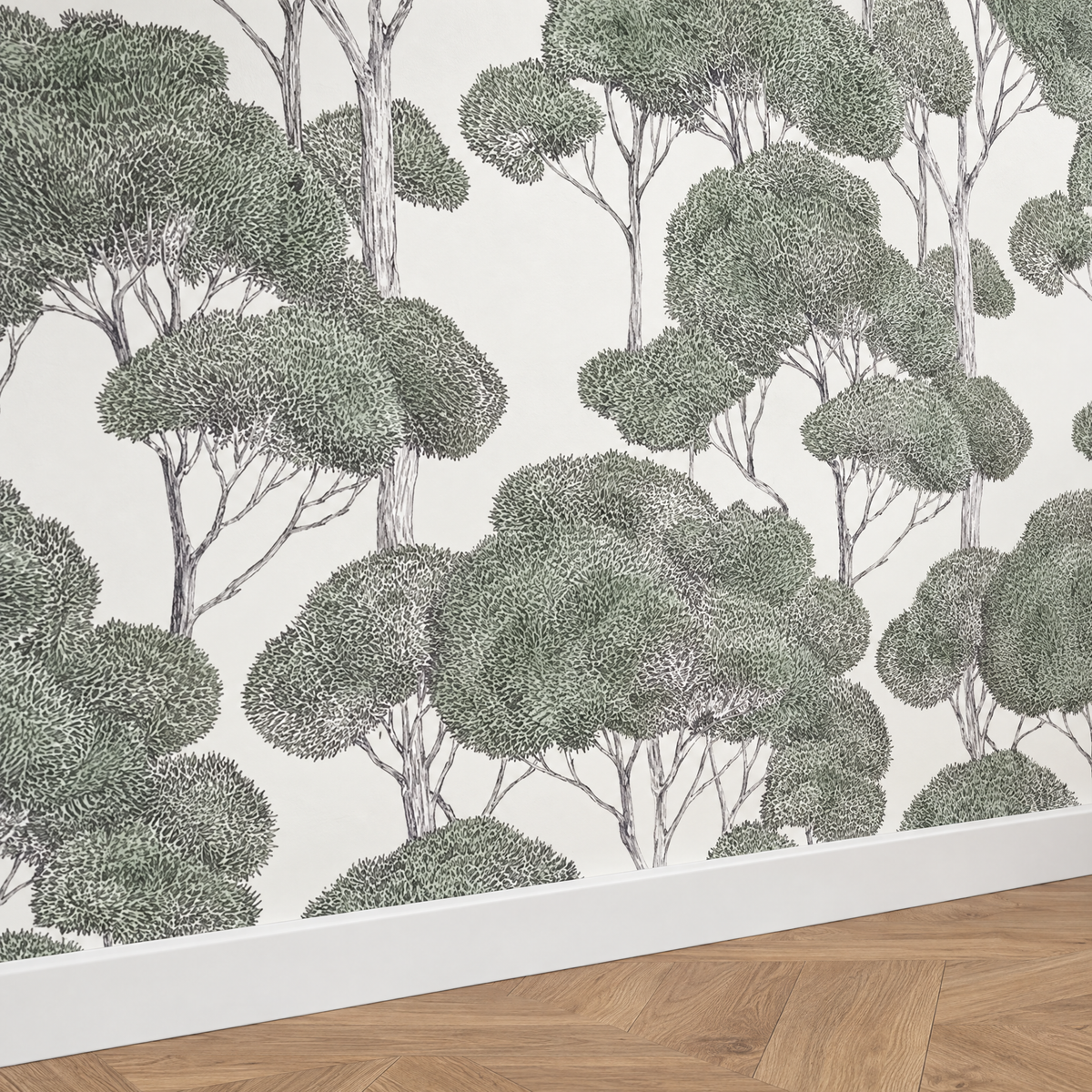 Gros plan papier peint forêt verte avec plinthe blanche