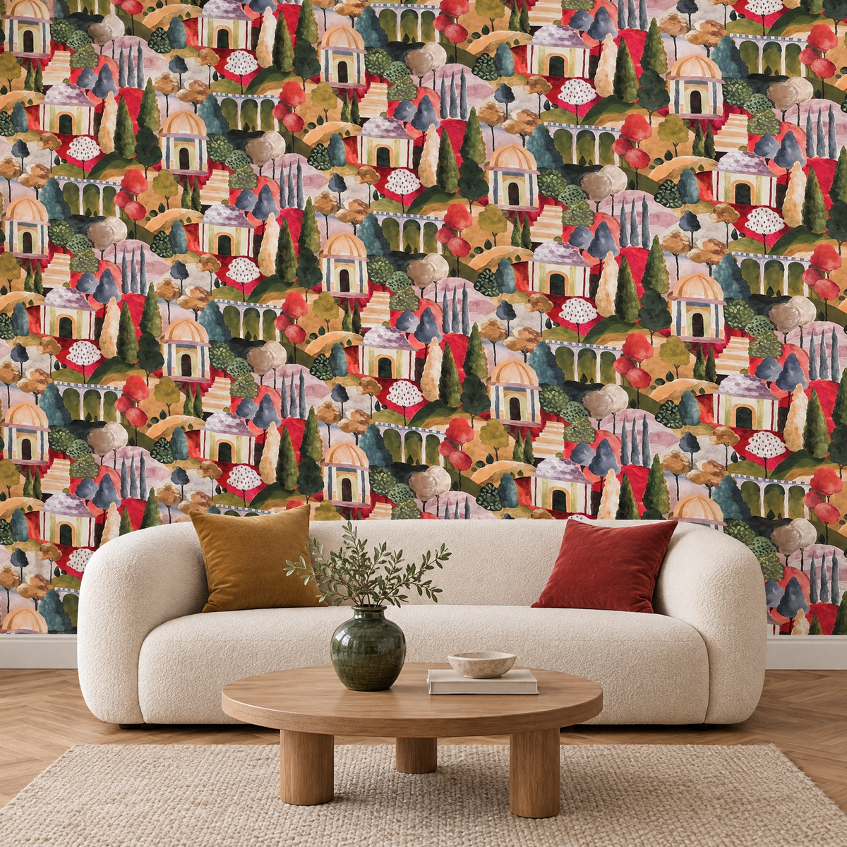 Papier peint motif graphique multicolore dans un salon moderne